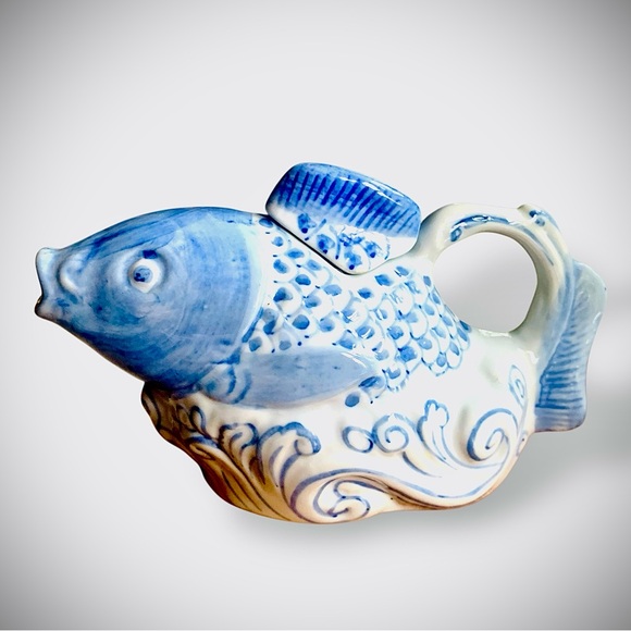 Other - Vintage Blue and White Chinese Carp on Waves Porcelain Tea Pot